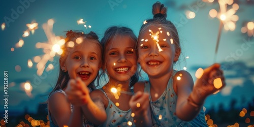 Joyful celebration of three young girls enjoying sparklers on 4th of July, capturing festive mood with vibrant fireworks light display.