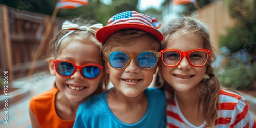 Vibrant Independence Day celebration with three joyful children wearing patriotic USA-themed accessories, embodying festive spirit and youthful exuberance.