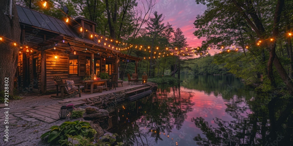 Beautiful sunset reflecting on tranquil lake beside cozy cabin adorned with festive lights, celebrating Independence Day vibes. Copy space.