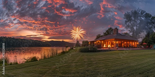 Stunning Independence Day celebration with fireworks over peaceful lake, vibrant sunset behind cozy lakeside home, perfect for July 4th festivities. Copy space.