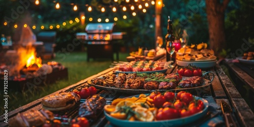 Vibrant Independence Day backyard barbecue with festive lights and abundant food on wooden tables, celebrating freedom and summer evenings.
