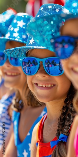 Vibrant Independence Day celebration featuring joyful children in star-spangled hats reflecting festive parade through sunglasses, embodying patriotic spirit.