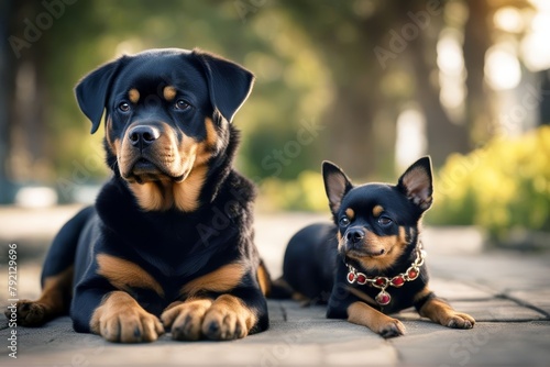 'chihuahua rottweiler dog puppy2 baby friendship friends big black animal race studio background white obedient obedience kind guard' photo