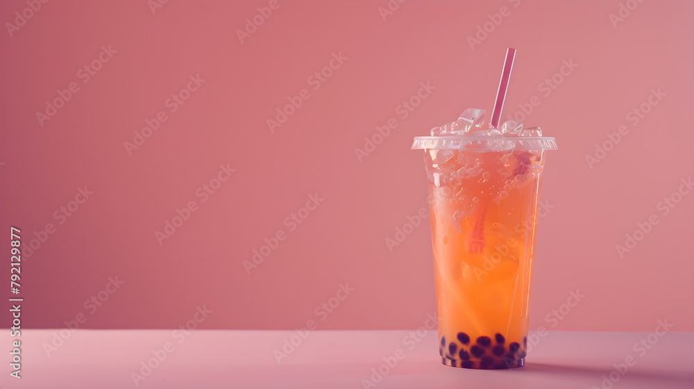 Plastic clear glass with delicious milk tea with tapioca balls. Milk bobba cold tea, summer drink on flat pink background with copy space, banner template Plastic clear glass with delicious milk tea with tapioca balls. Milk bobba cold tea, summer drink on flat pink background with copy space, banner template