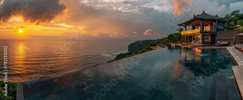A Stunning Sunset Over the Ocean With a Pool