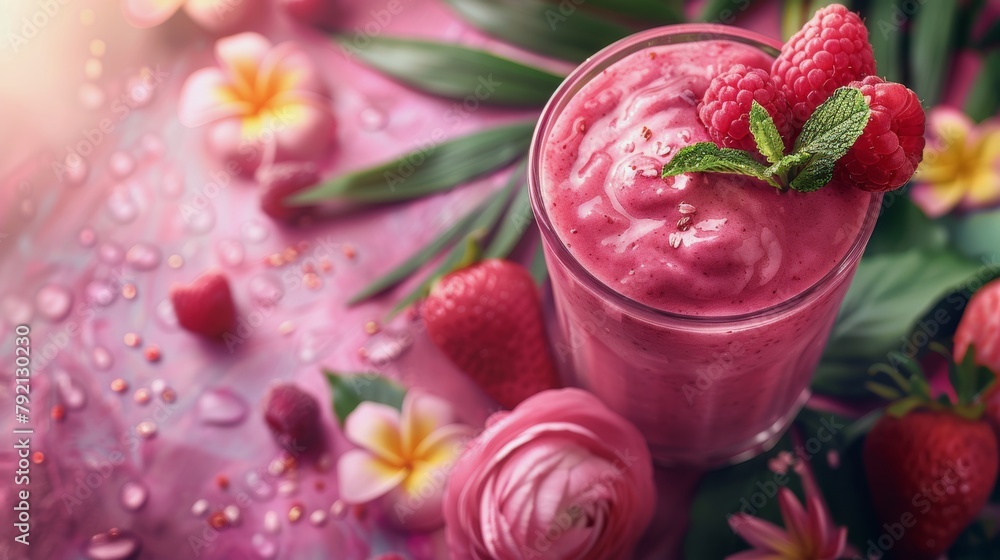 Pink Smoothie With Strawberries on Table Pink Smoothie With Strawberries on Table