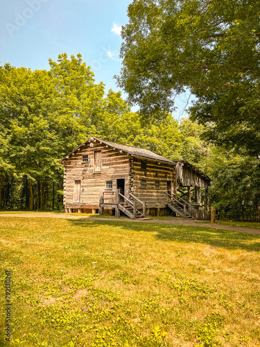 Log Cabin Long View at Lincoln's New Salem State Historic Site. A reconstruction of the former village where Abraham Lincoln lived 1831 to 1837. Public park on public land. 