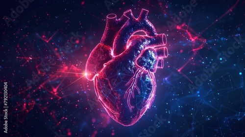 Visual human heart shape neon glowing light low poly style. AI generated image