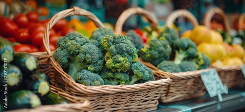Baskets of Broccoli and Oranges on Display photo