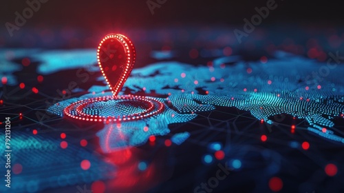 Illustration Digital red pin marks location on blue world map. 3d rendering. AI generated image