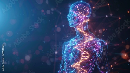 3d rendering illustration human body DNA anatomy with neon light. AI generated image