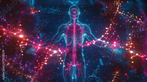 3d rendering illustration human body DNA anatomy with neon light. AI generated image © saifur