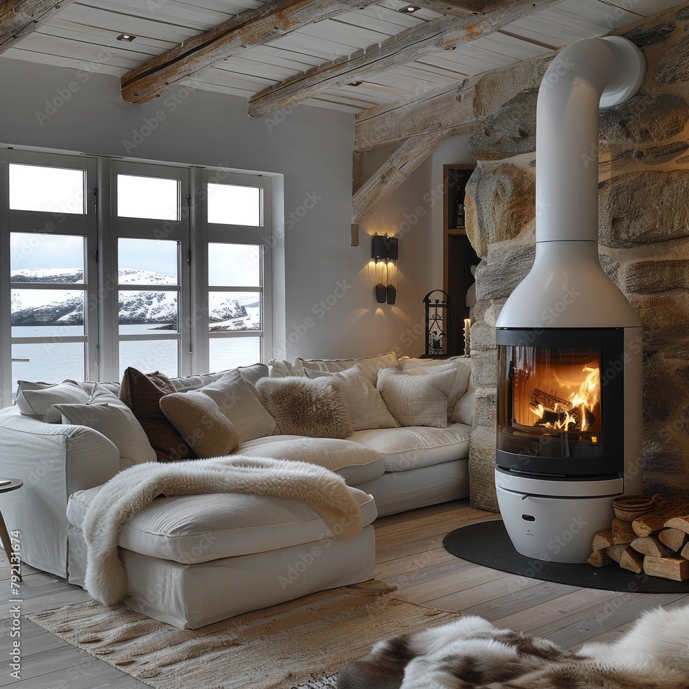 Fototapeta premium A penthouse with cosy atmosphere interieur and a stove with fire
