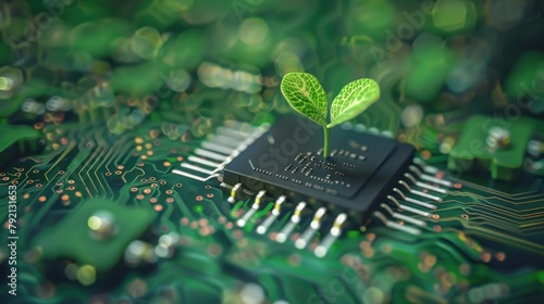 Circuit board with microchip processor technology and plant sprout on blur background. AI generated