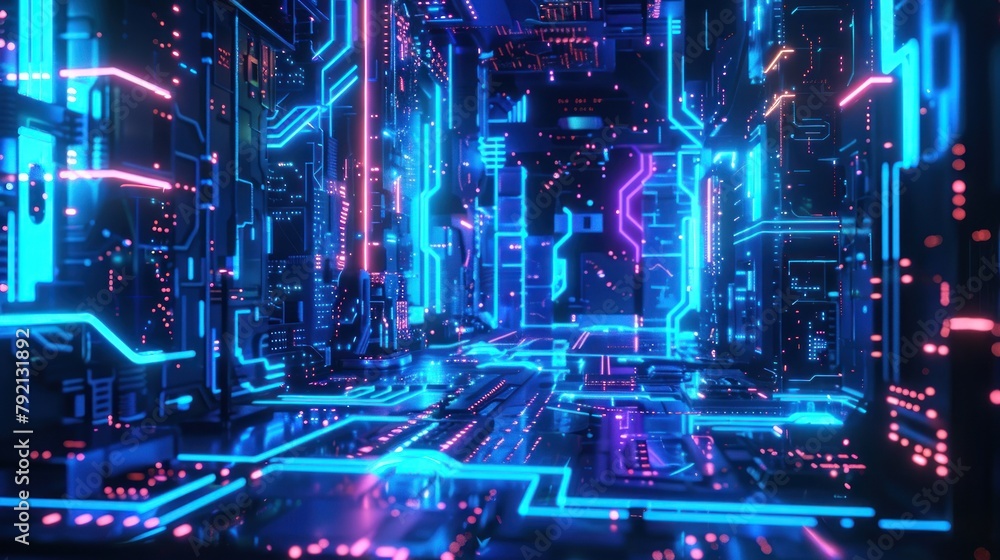 3D blue futuristic circuit computer with neon light background. AI generated image