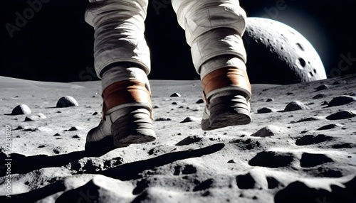 astronaut walking on the moon wearing hiking boots walking on a Space conquest back to the moon photo