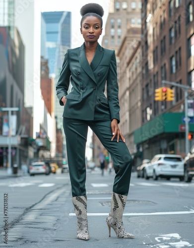 Woman in Green Suit at Street Corner