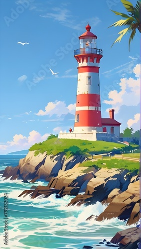 illustration of lighthouse on the sea coast. Generative AI