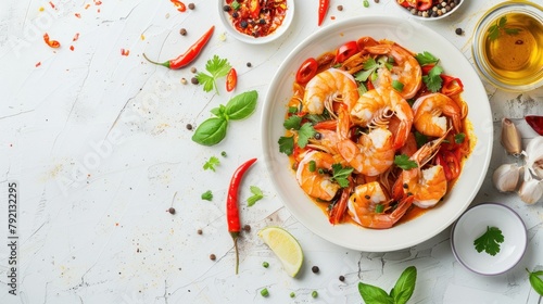 Top view tasty tom yum kung shrimp spicy food in bowl with ingredients on white table. AI generated