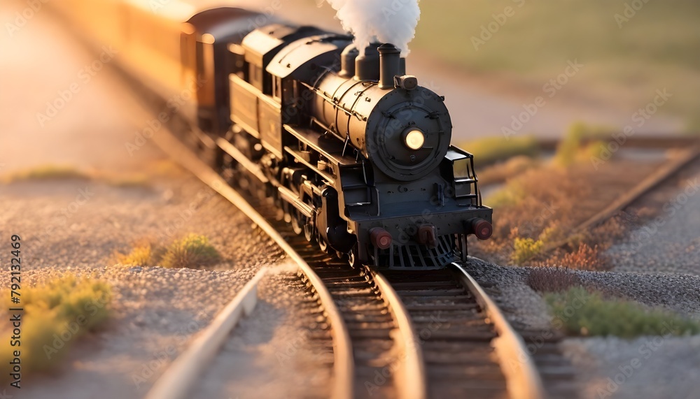 A vintage steam locomotive on a model train track, with a warm, sepia-toned color palette