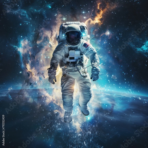 Realistic dramatic Astronaut walking on space. AI generated image