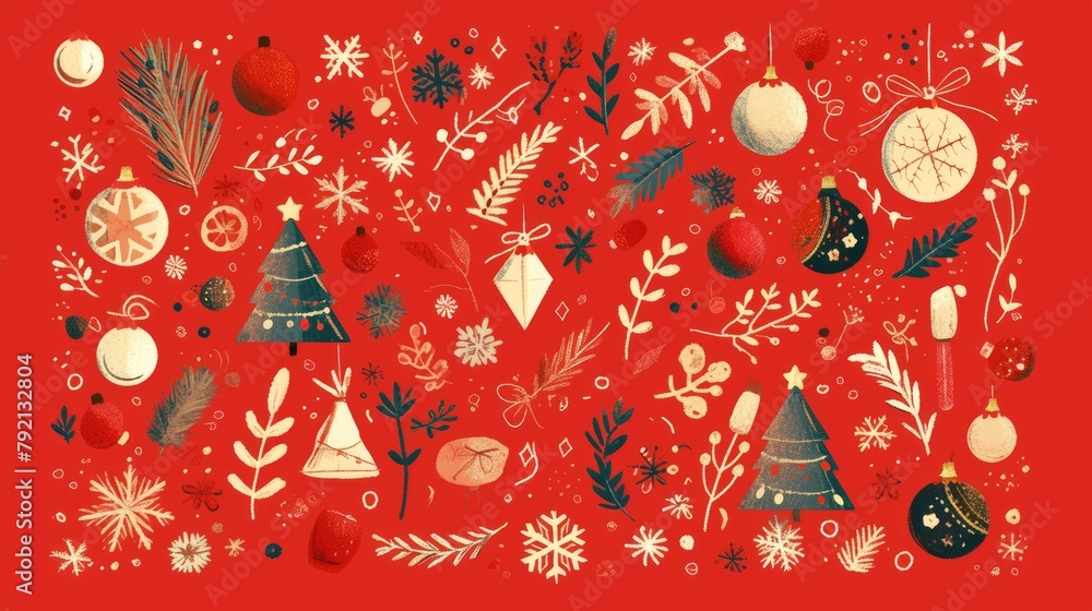 Celebrate the winter season with a charming and festive red card design featuring a stylish mix of New Year illustrations like abstract snowflakes floral patterns and cute doodles This eye c