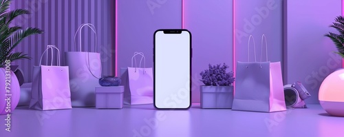 Online shopping and delivery via mobile app marketplace. Mobile phones stand on the table, next to them are digital shopping bags and boxes of goods, dark room, light purple color theme. photo