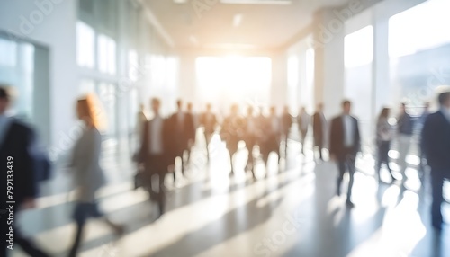 Blurred image of people walking in a busy office, with sunlight streaming through the windows