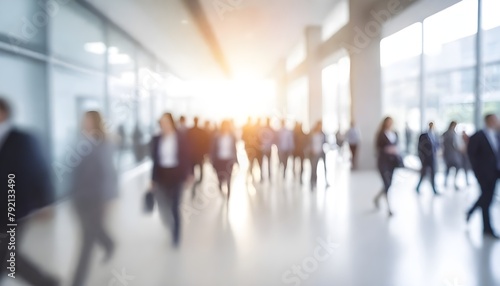 Blurred image of people walking in a busy office  with sunlight streaming through the windows