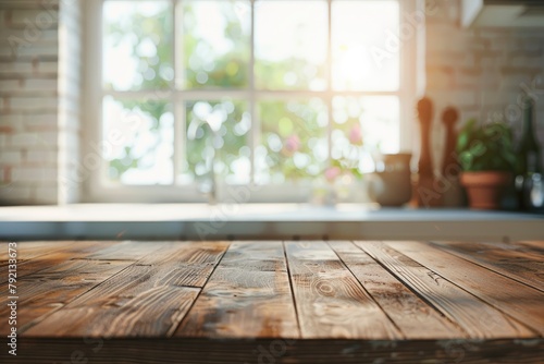 Wooden texture table top on blurred kitchen window background - generative ai