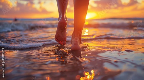 Low-angle view of female feet walking on the beach at sunset