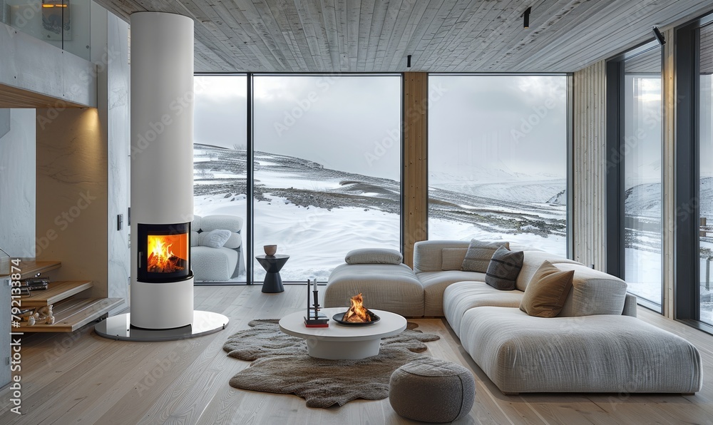 Fototapeta premium A penthouse with cosy atmosphere interieur and a stove with fire