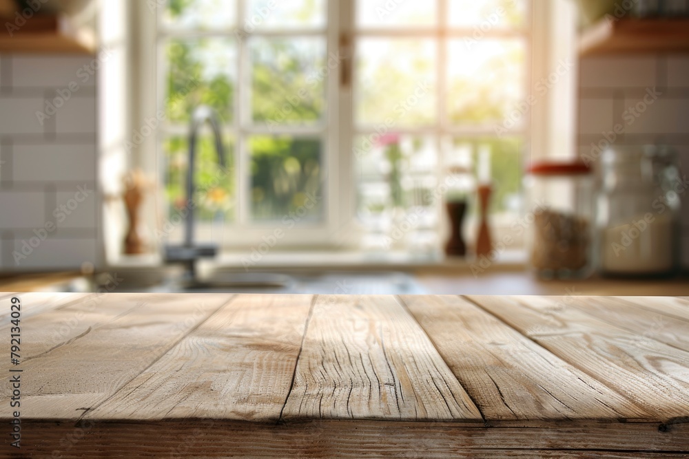 Wooden texture table top on blurred kitchen window background - generative ai Wooden texture table top on blurred kitchen window background - generative ai