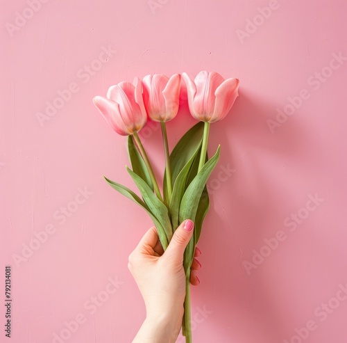 Hand Holding Pink Tulips on Pink Background