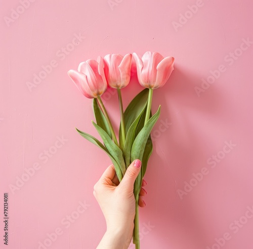 Hand Holding Pink Tulips on Pink Background © olegganko