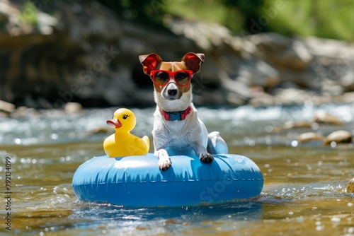 Dog With Sunglasses on Raft With Rubber Duck