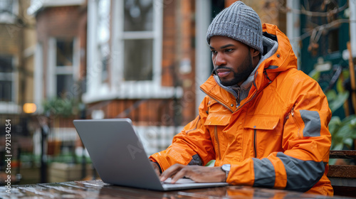 Man Sitting at Table Using Laptop Computer
