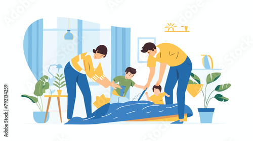 Mother and father make bed with playful kid. Happy family
