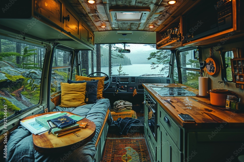 Step into a camper van transformed into a stylish haven with a fully-equipped kitchen and a cozy living area, perfect for adventures on the road.