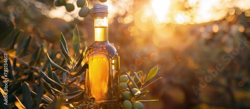 Olive Oil Bottle on Olive Tree