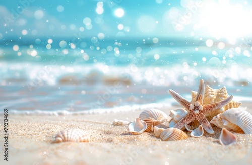 Starfish and Seashells on a Sandy Beach © olegganko