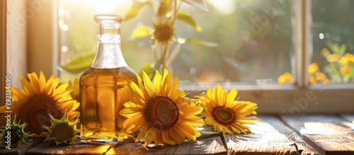 Bottle of Sunflower Oil on Table