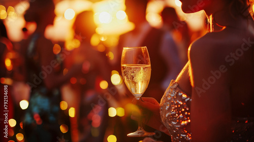 A woman in a beautiful neckline holds a glass of champagne in front of a crowd of people