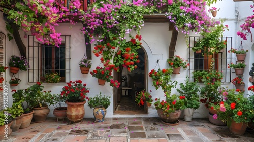 Flowers Decoration of Vintage Courtyard, typical house in Cordoba - Spain, European travel 