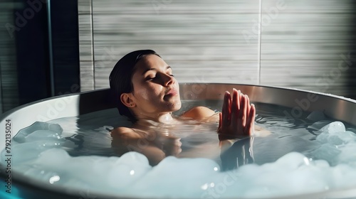 Woman Taking A Cold Plunge At A Recovery Room (Generative AI) photo