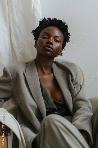 Woman in Suit Sitting in Chair