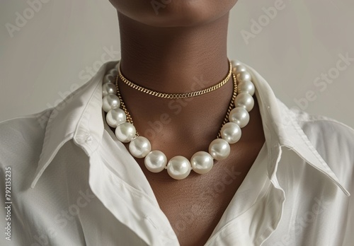 Woman Wearing White Shirt and Pearl Necklace
