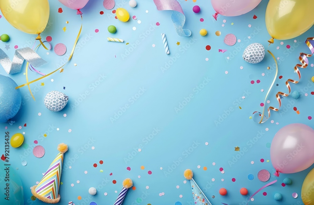 Obraz premium Blue Background With Balloons, Confetti, and Streamers