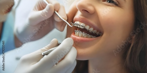 A close-up image of a young woman's mouth with braces on her teeth. The woman is smiling and a dentist's hand is holding a dental tool near her mouth.