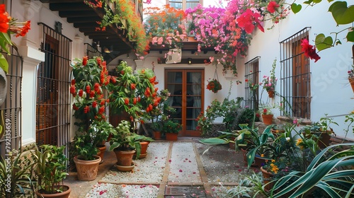 Flowers Decoration of Vintage Courtyard, typical house in Cordoba - Spain, European travel  © Ziyan